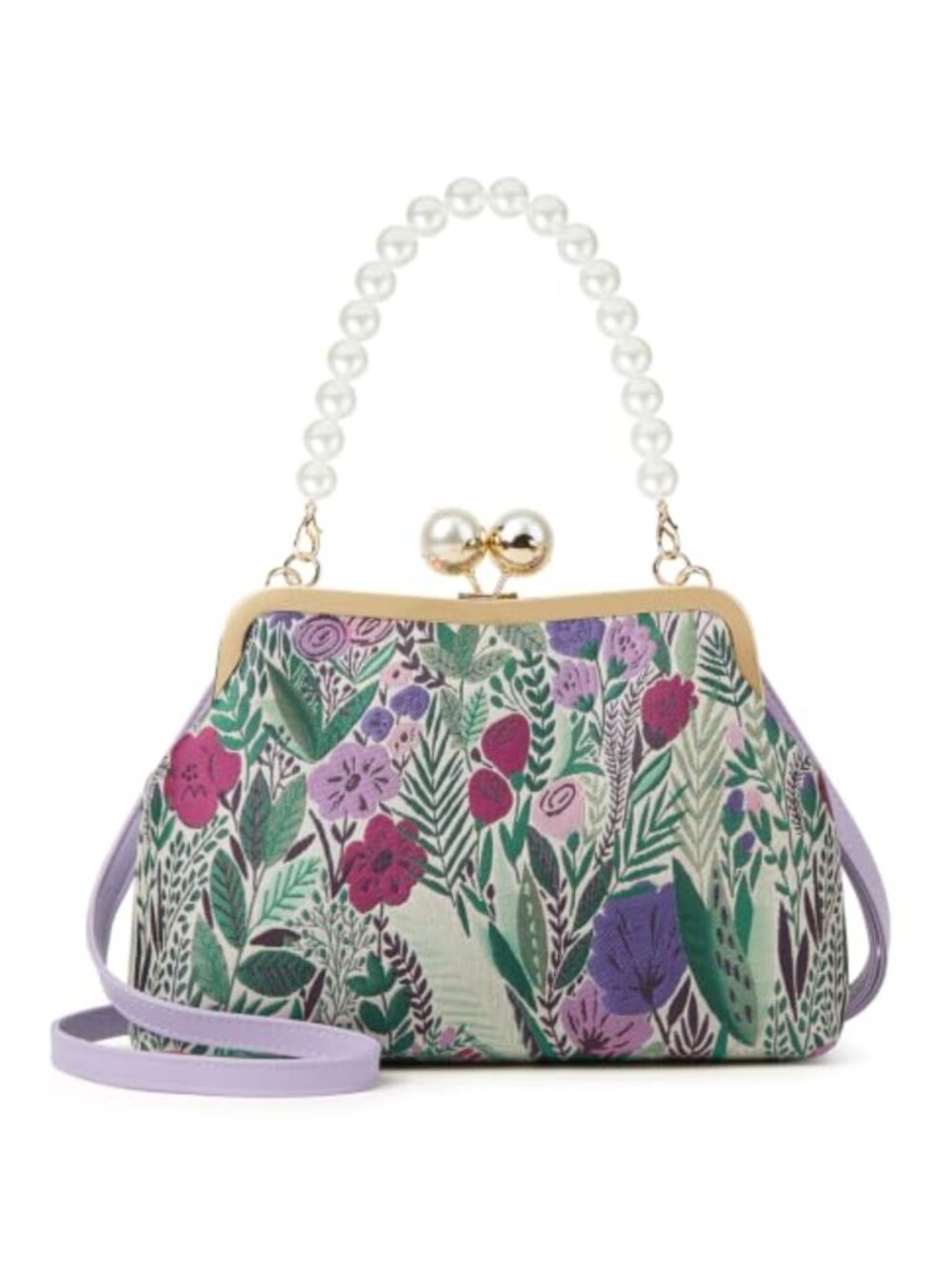 Canvas Embroidered Flower Crossbody Bag Kiss Lock Pearl Chain Clutch